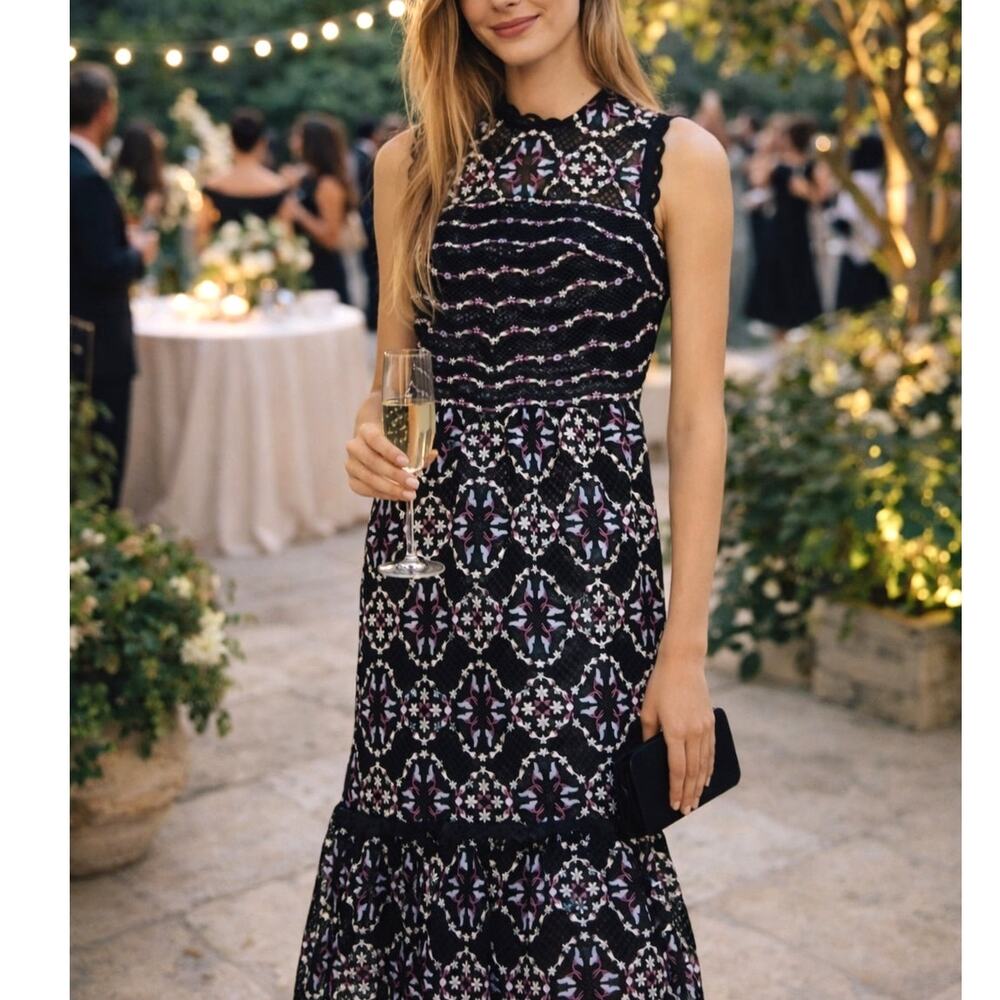 Sandro Inaya Lace Midi Dress Black Purple Embroidered Sleeveless NWT 36 Small